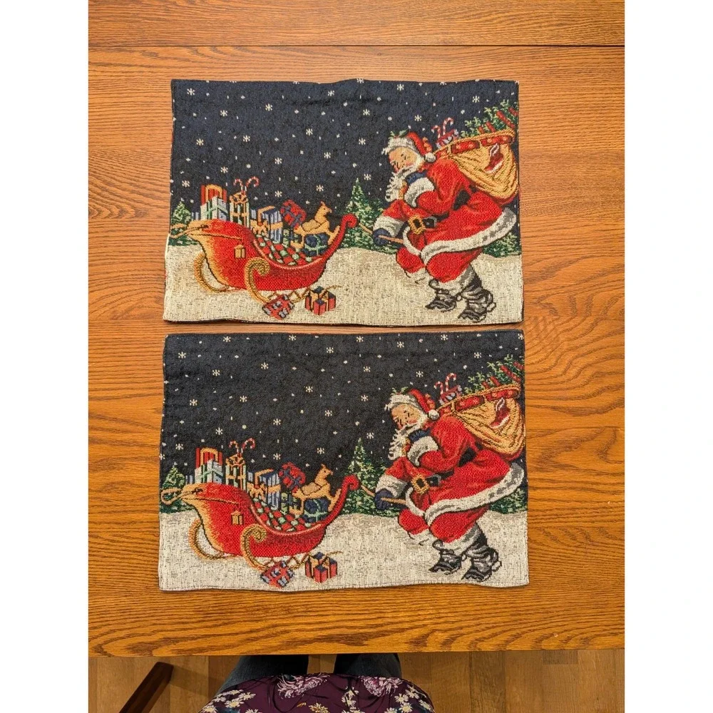 2‎ Reversible Christmas Placemats Tapestry Santa & Ornaments 17.5